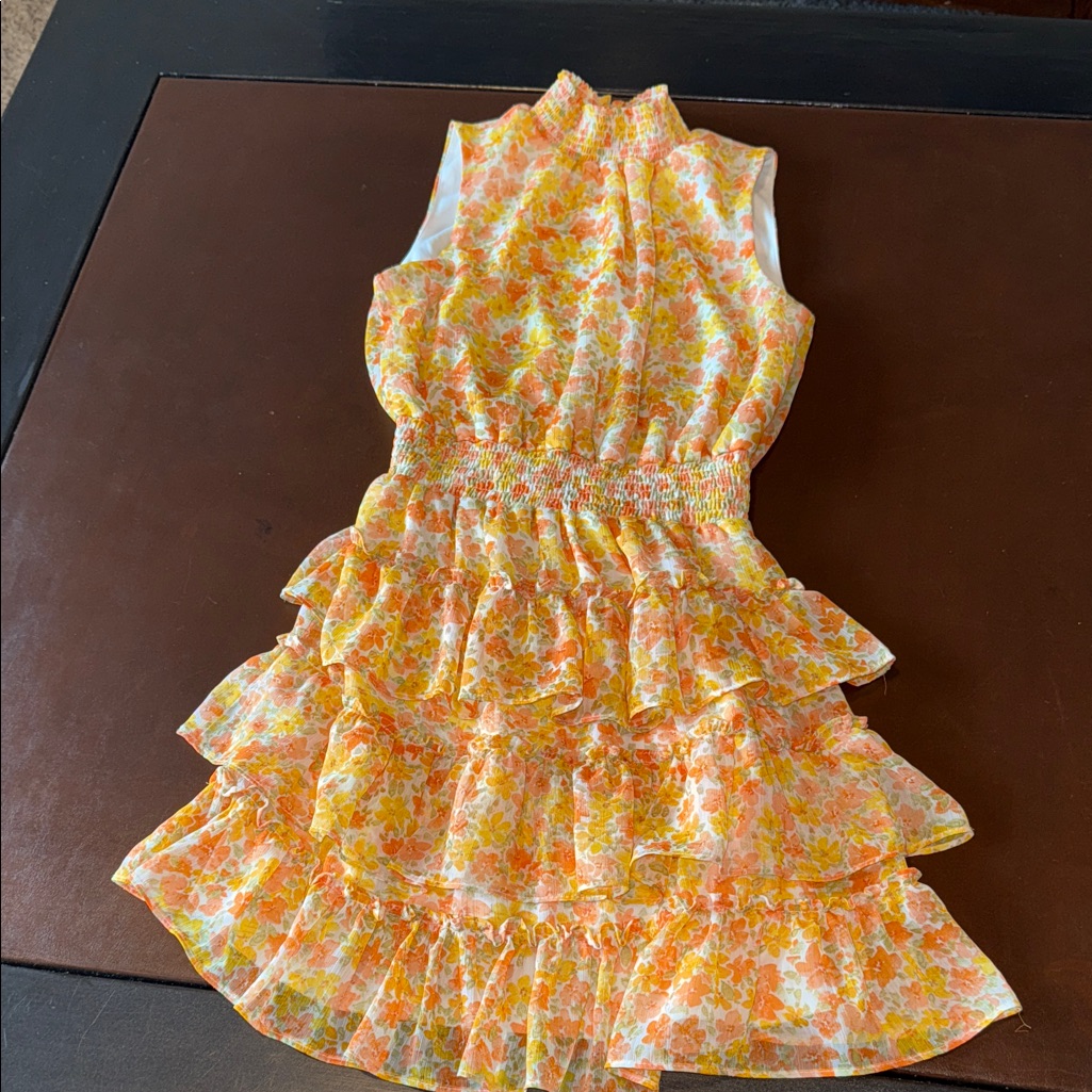 1. State Sleeveless Floral Ruffle Dress In Yellow & Orange